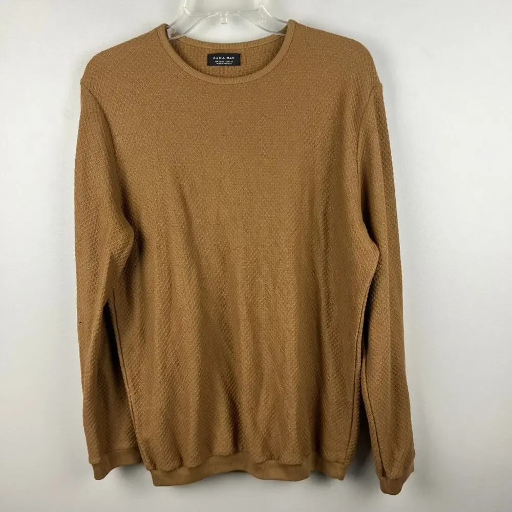 Zara Men's Golden Brown Lightweight Waffle Knit Sweater Size L